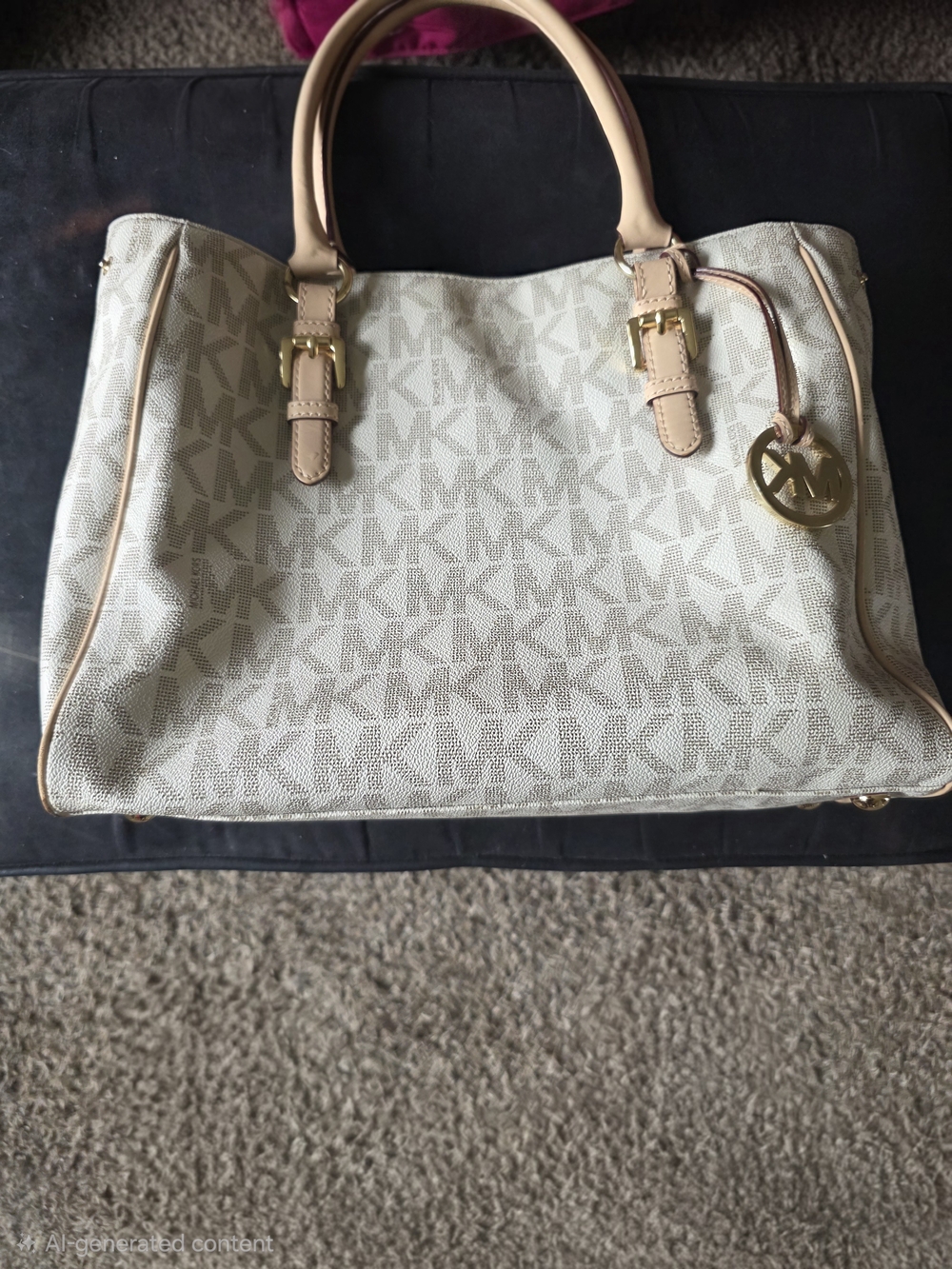 Michael Kors Cream MK Logo Satchel with Tan Trim and Gold Hardware